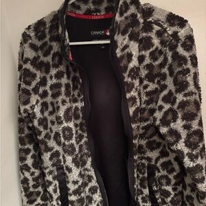 Women's Fuzzy Leopard Print Jacket - Black and Gray